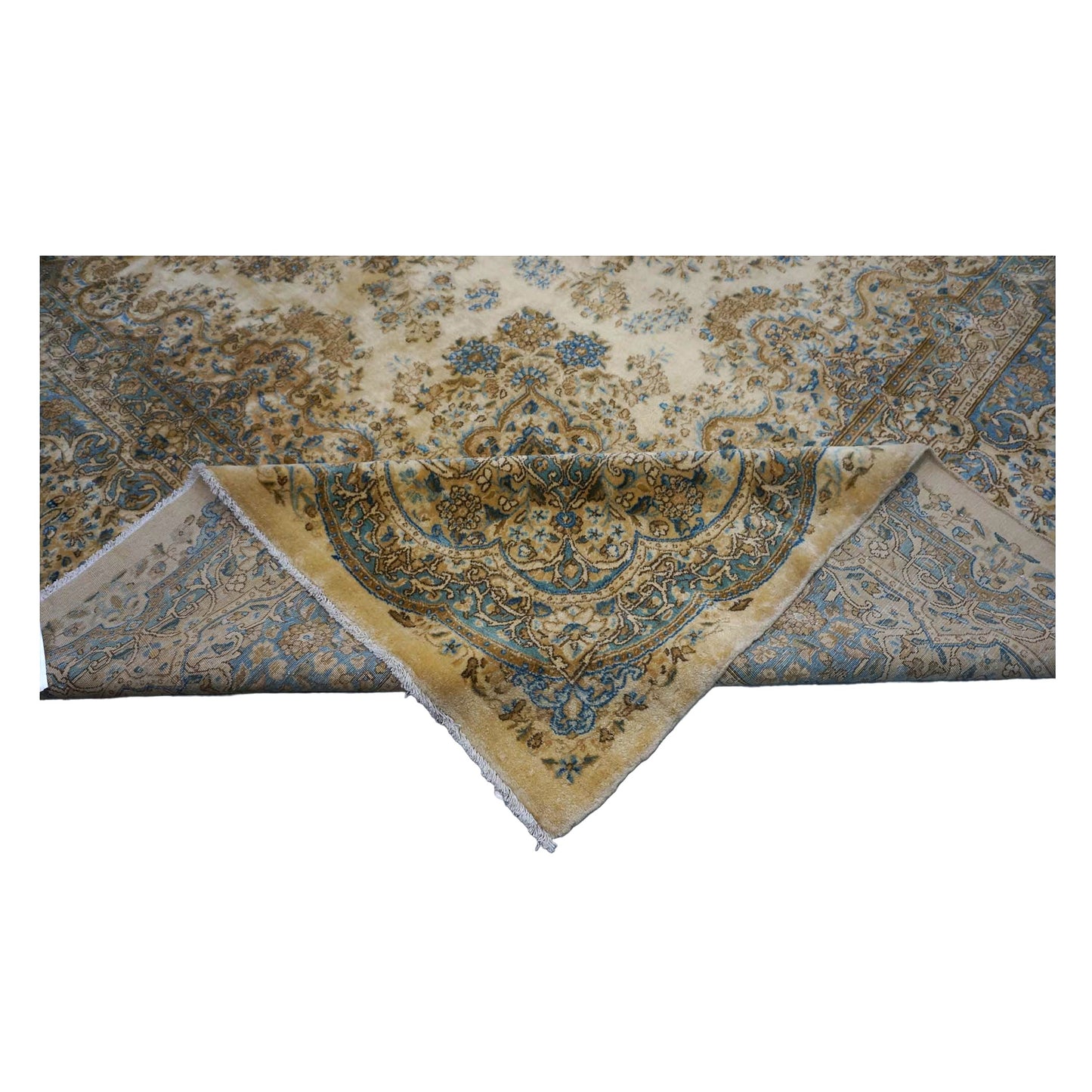 Antique Persian Kerman Wool 12X18 Tan, Ivory & Blue Handmand Area Rug #9902741