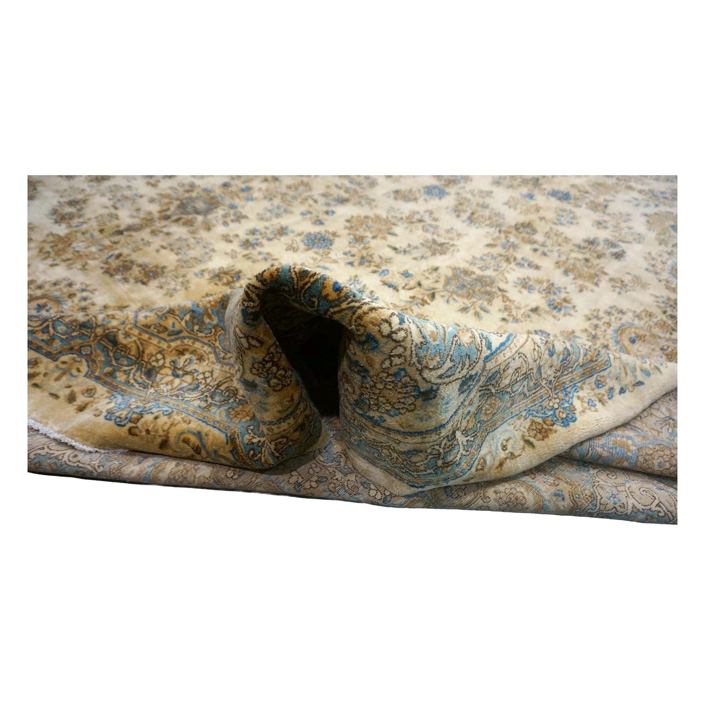 Antique Persian Kerman Wool 12X18 Tan, Ivory & Blue Handmand Area Rug #9902741