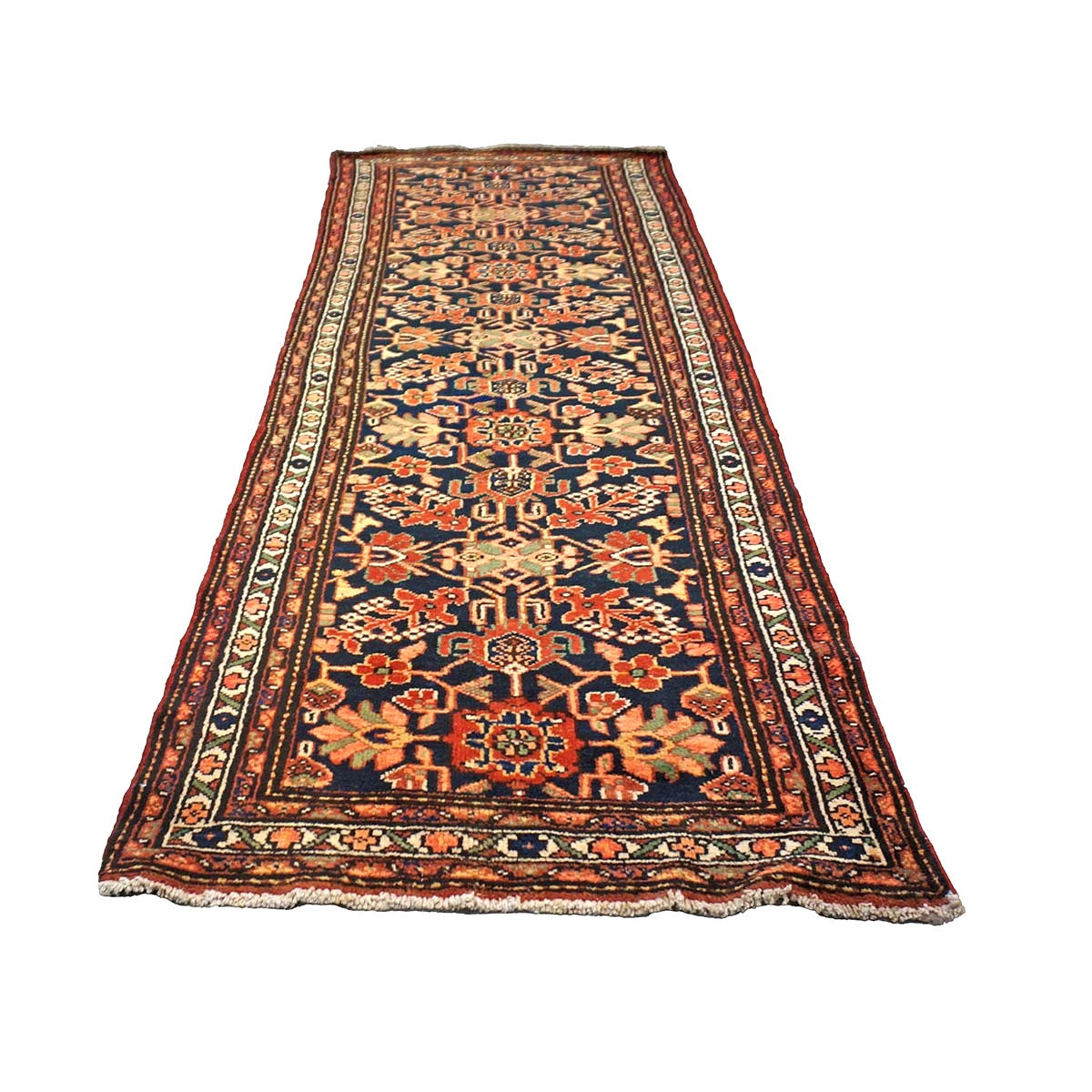 Antique Persian Hamadan Wool 4x10 Red, Navy & Ivory Handmade Gallery Rug # 9902786