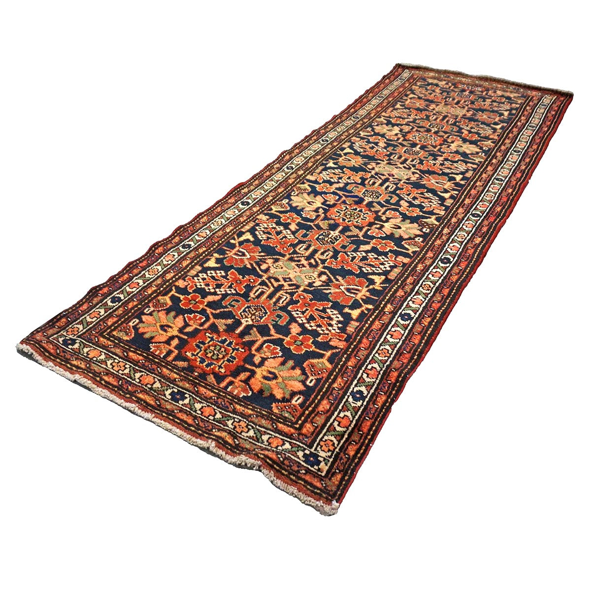 Antique Persian Hamadan Wool 4x10 Red, Navy & Ivory Handmade Gallery Rug # 9902786