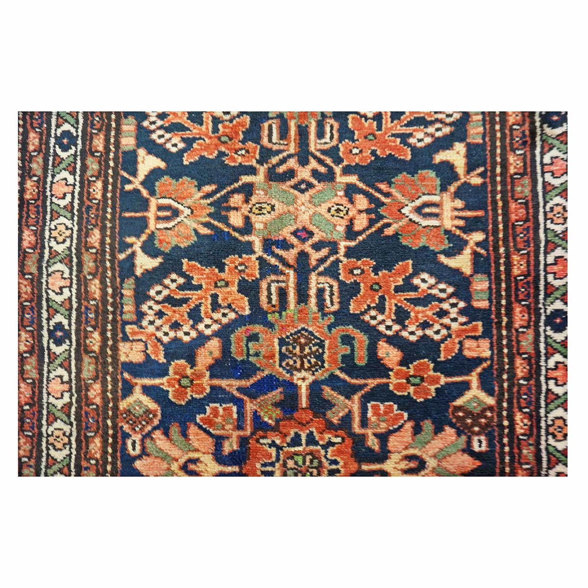 Antique Persian Hamadan Wool 4x10 Red, Navy & Ivory Handmade Gallery Rug # 9902786