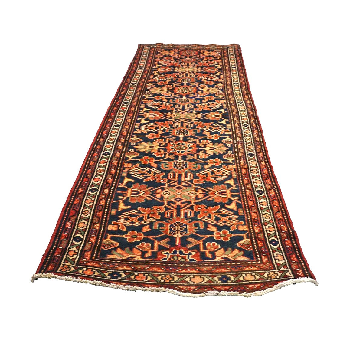 Antique Persian Hamadan Wool 4x10 Red, Navy & Ivory Handmade Gallery Rug # 9902786