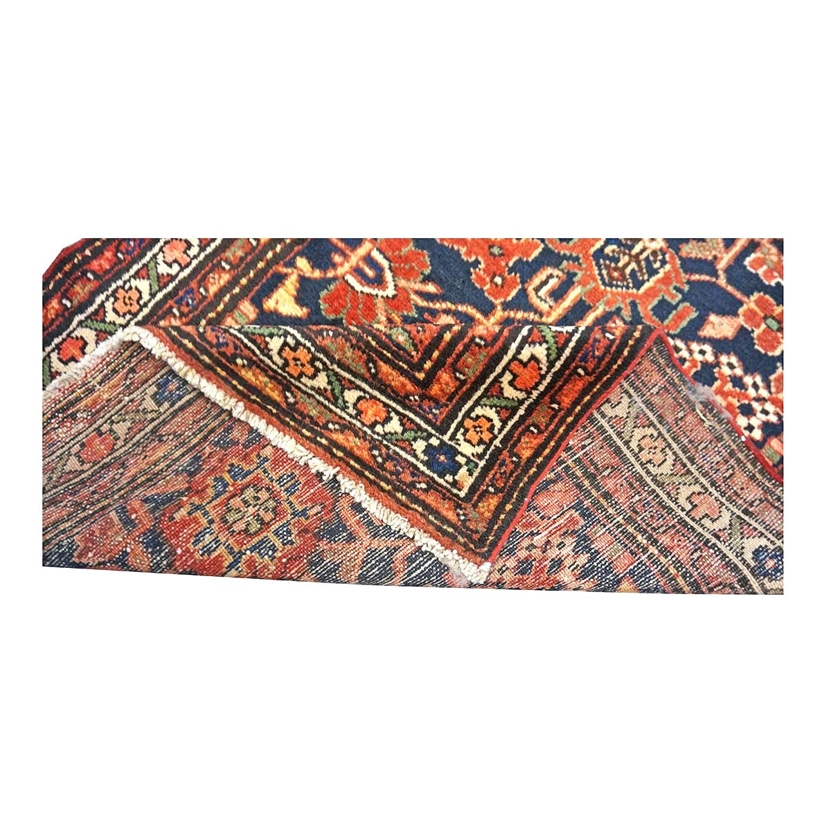 Antique Persian Hamadan Wool 4x10 Red, Navy & Ivory Handmade Gallery Rug # 9902786