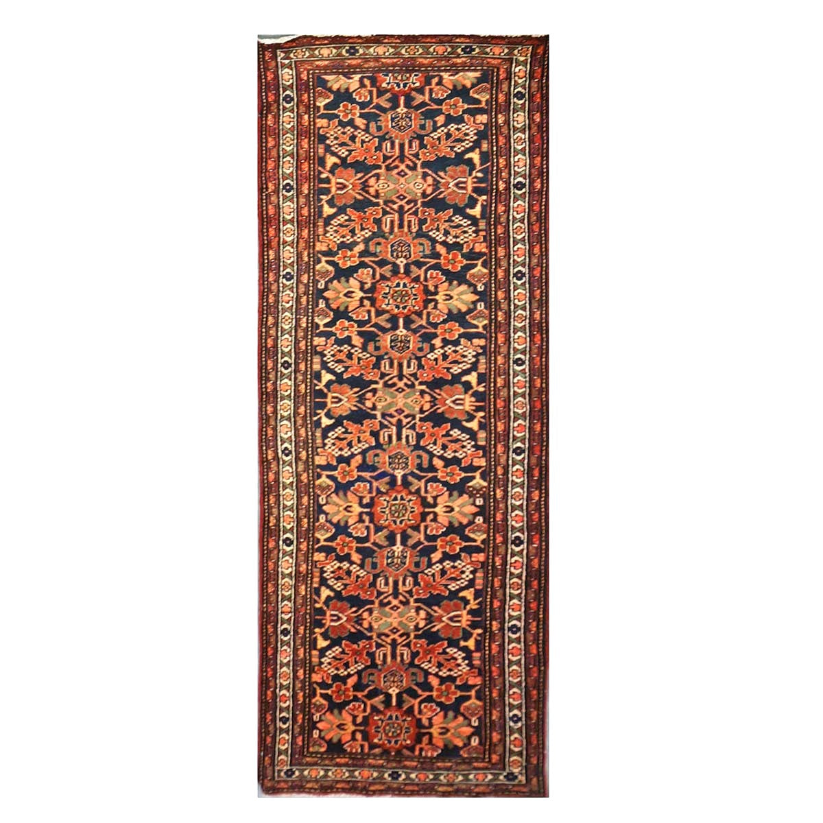 Antique Persian Hamadan Wool 4x10 Red, Navy & Ivory Handmade Gallery Rug # 9902786
