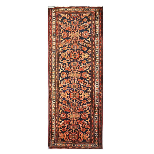 Antique Persian Hamadan Wool 4x10 Red, Navy & Ivory Handmade Gallery Rug # 9902786