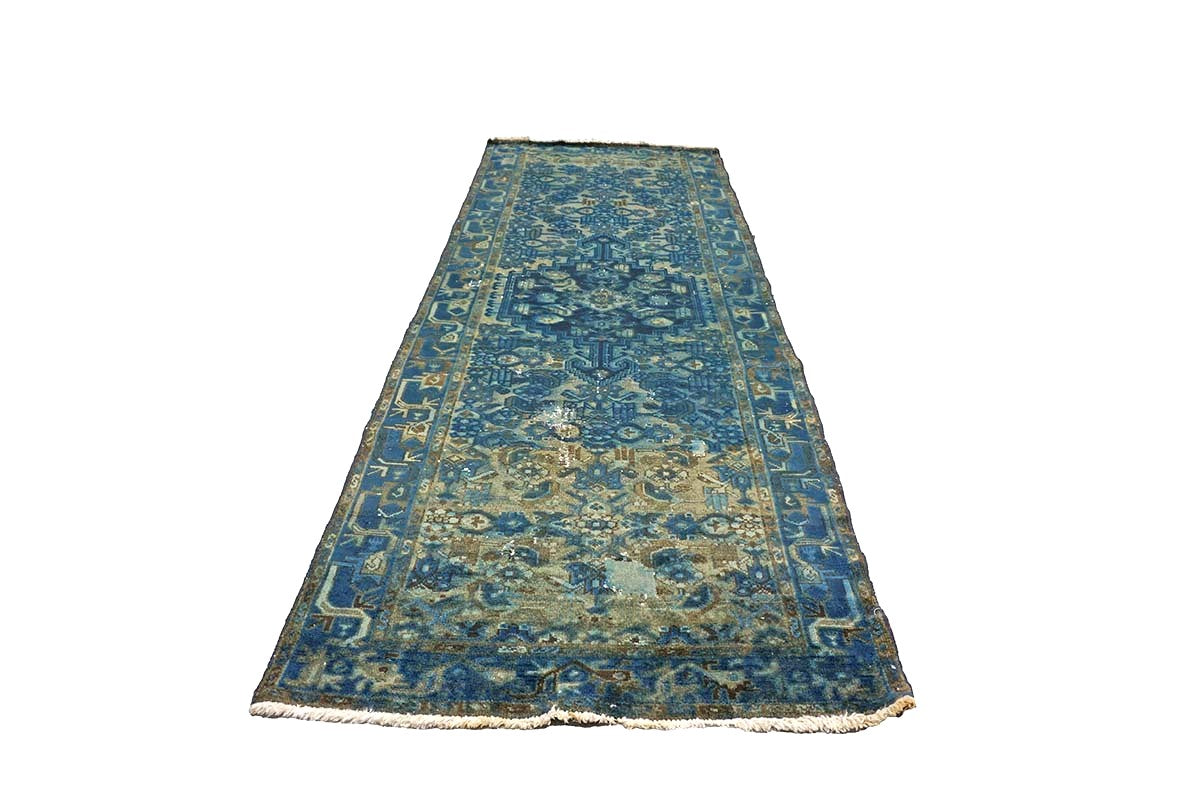 Vintage Persian Overdye Wool 3x9 Blue & Teal Handmade Runner Rug # 9902802