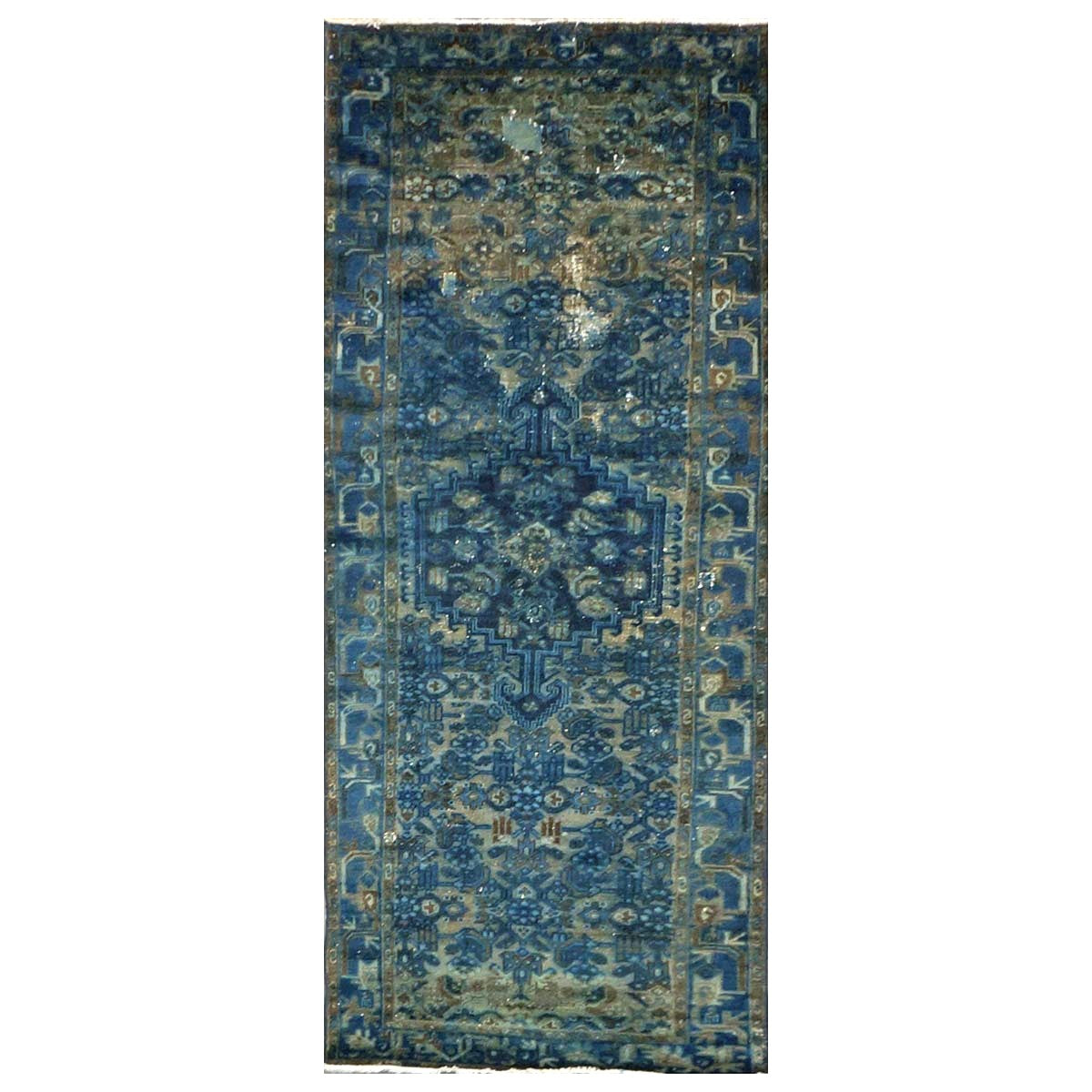 Vintage Persian Overdye Wool 3x9 Blue & Teal Handmade Runner Rug # 9902802