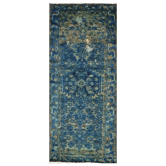 Vintage Persian Overdye Wool 3x9 Blue & Teal Handmade Runner Rug # 9902802