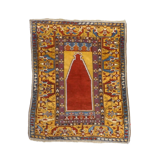Antique Turkish Mudjar Wool 4x5 Red & Gold Handmade Area Rug #9902810