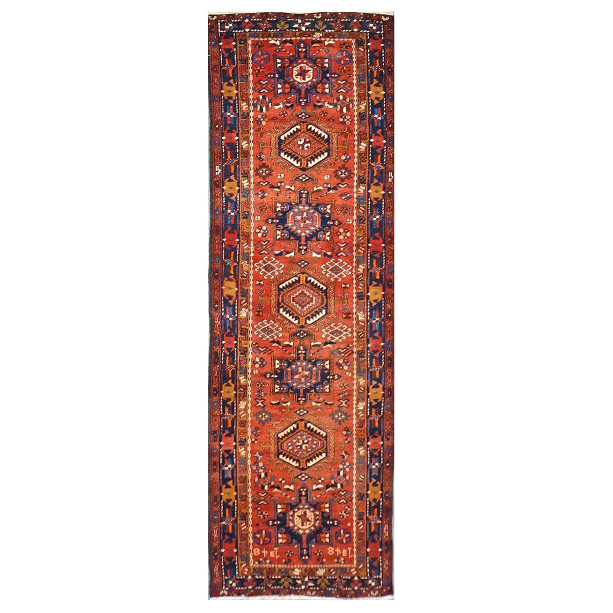 Persian Karajeh Wool 3x11 Rust, Blue & Ivory Handmade Runner Rug #9902832