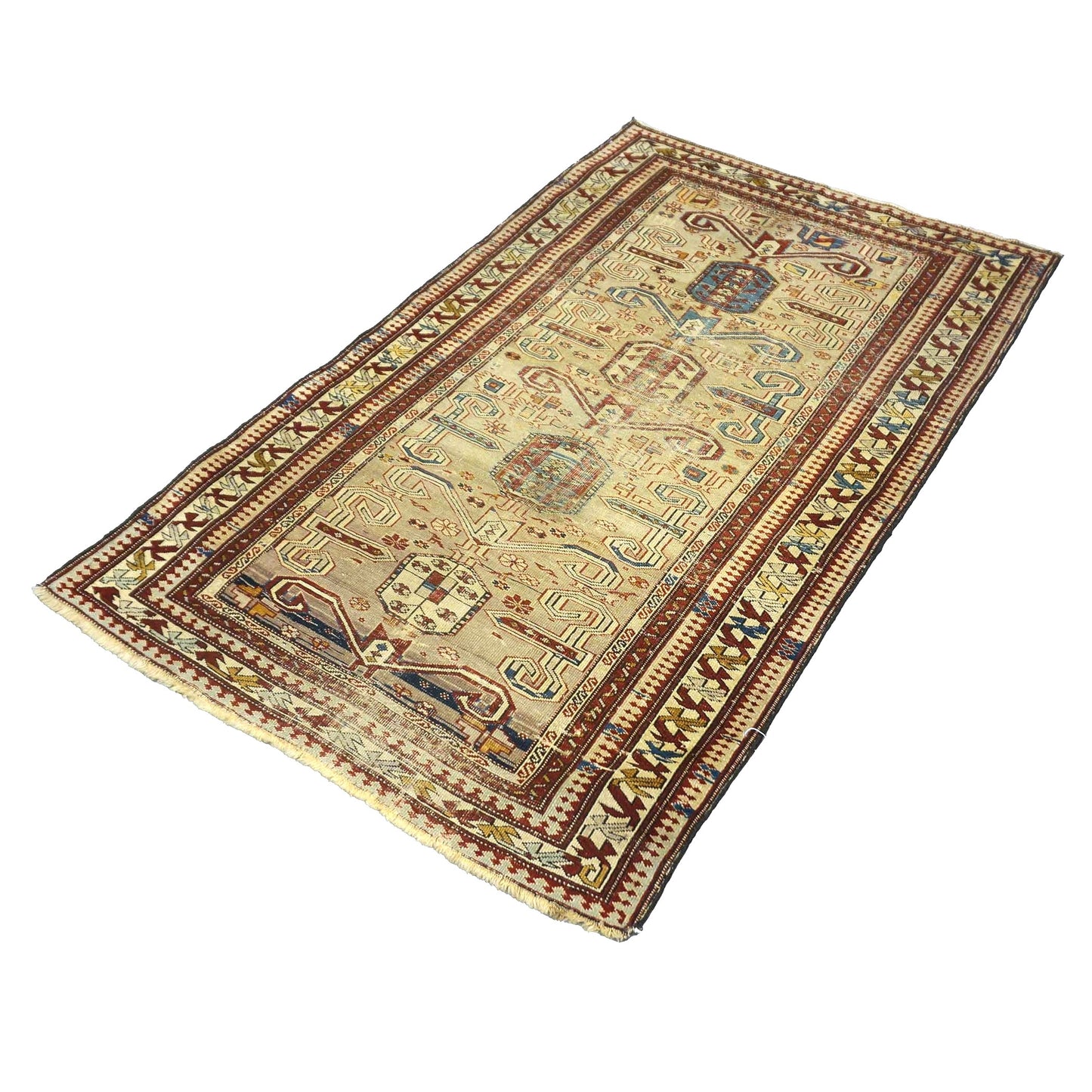 Antique Azerbaijani Kazak Perpedil Wool 3x5 Tan & Red Handmade Area Rug #9902854