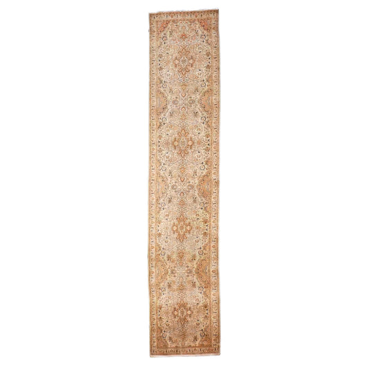 Antique Persian Tabriz Wool 3x13 Ivory, Pink & Tan Handmade Runner Rug #9902863