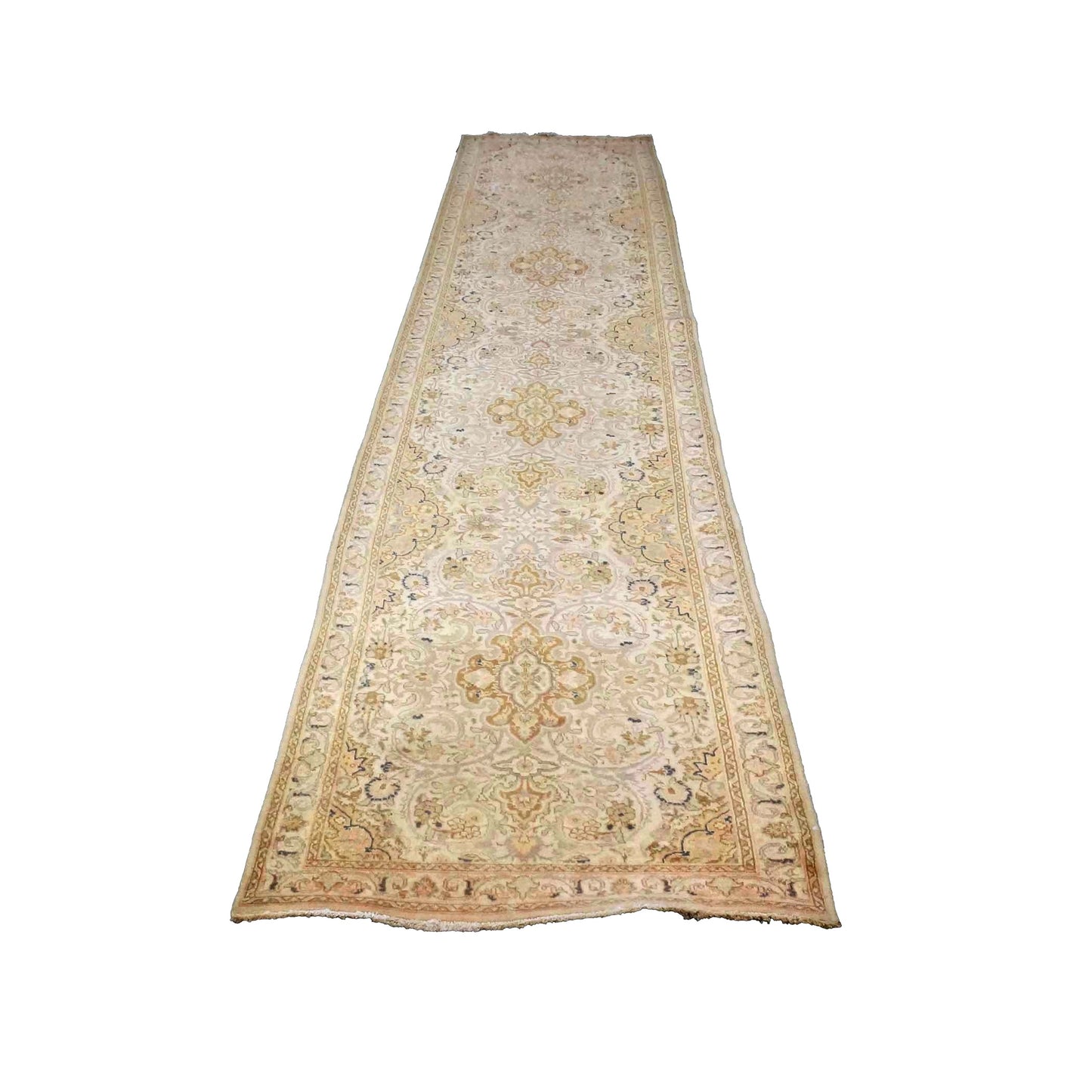 Antique Persian Tabriz Wool 3x13 Ivory, Pink & Tan Handmade Runner Rug #9902863