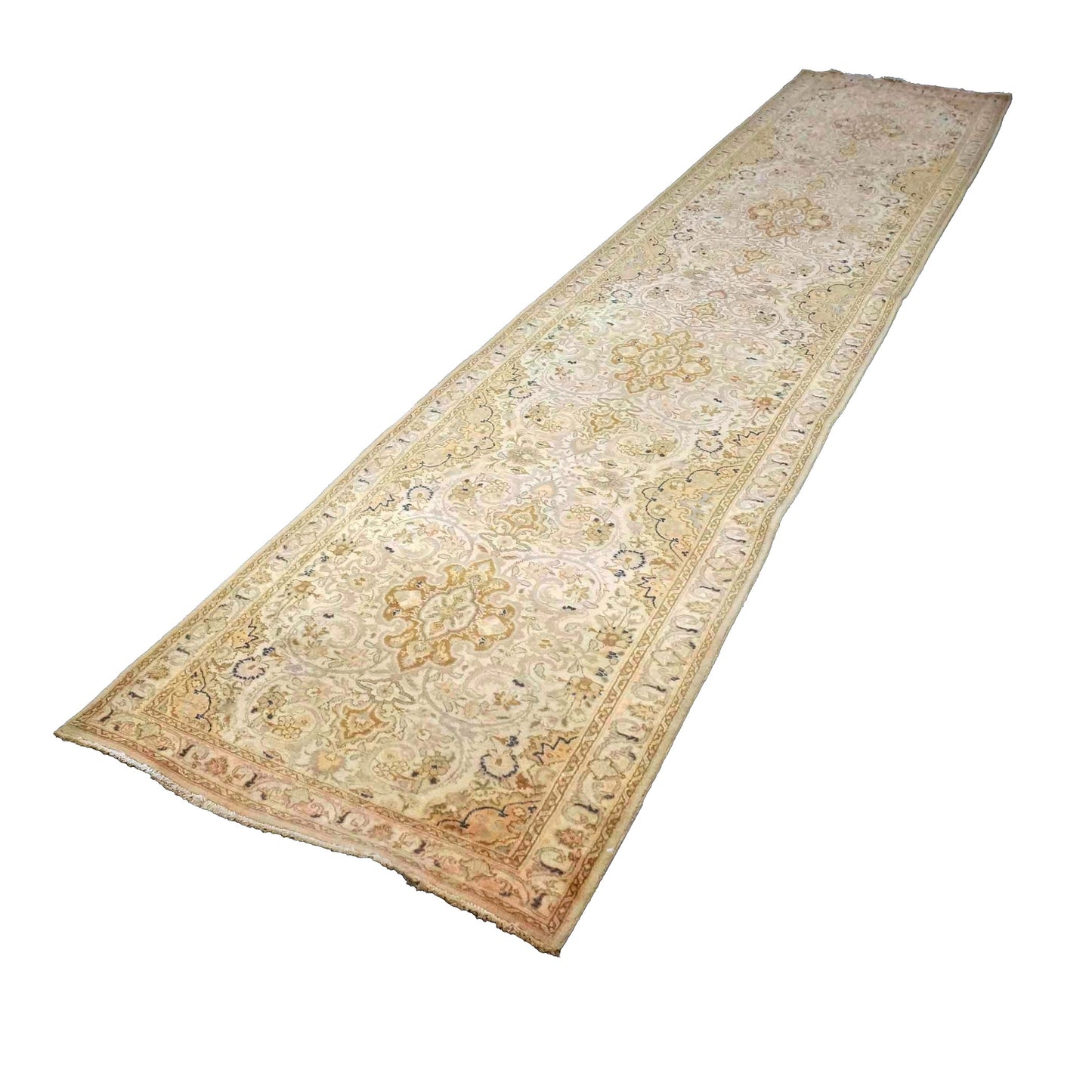 Antique Persian Tabriz Wool 3x13 Ivory, Pink & Tan Handmade Runner Rug #9902863