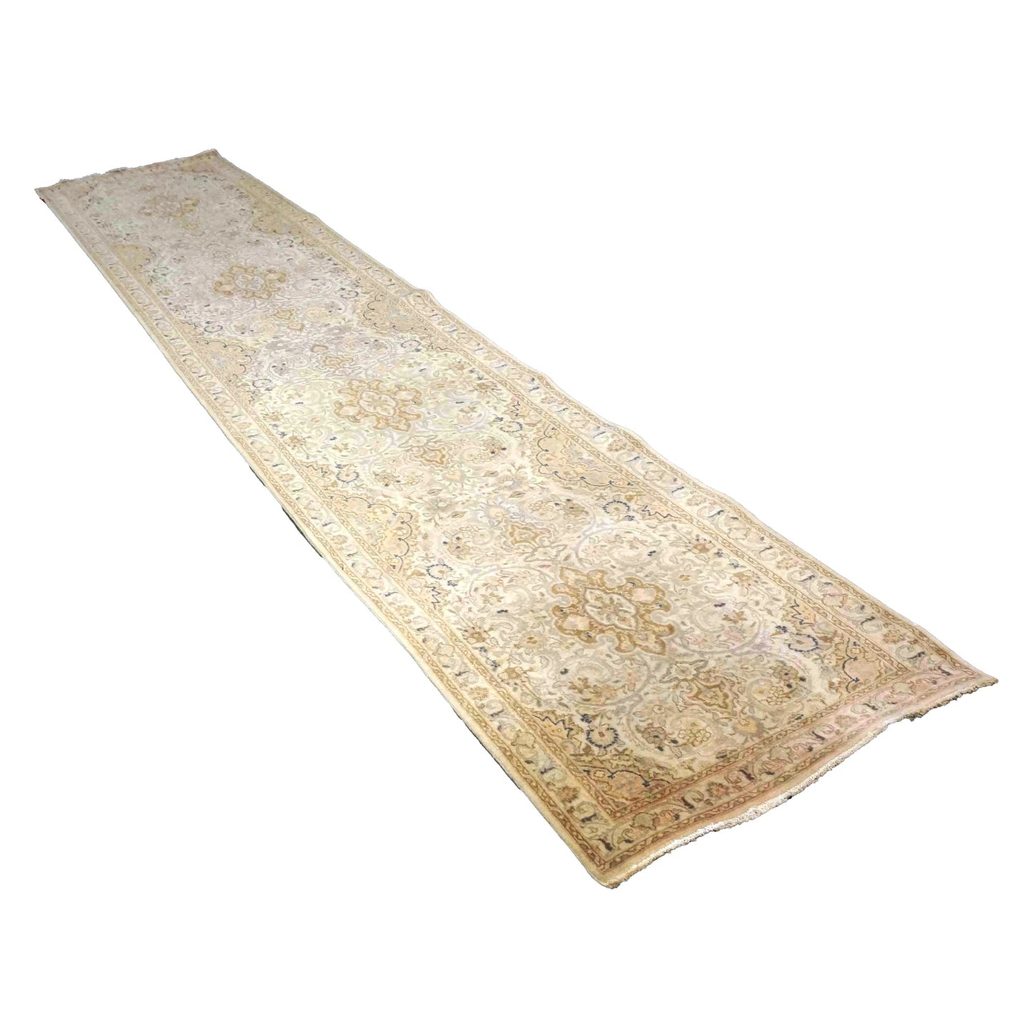 Antique Persian Tabriz Wool 3x13 Ivory, Pink & Tan Handmade Runner Rug #9902863