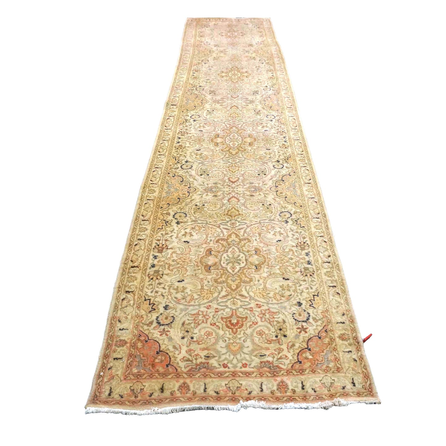 Antique Persian Tabriz Wool 3x13 Ivory, Pink & Tan Handmade Runner Rug #9902863