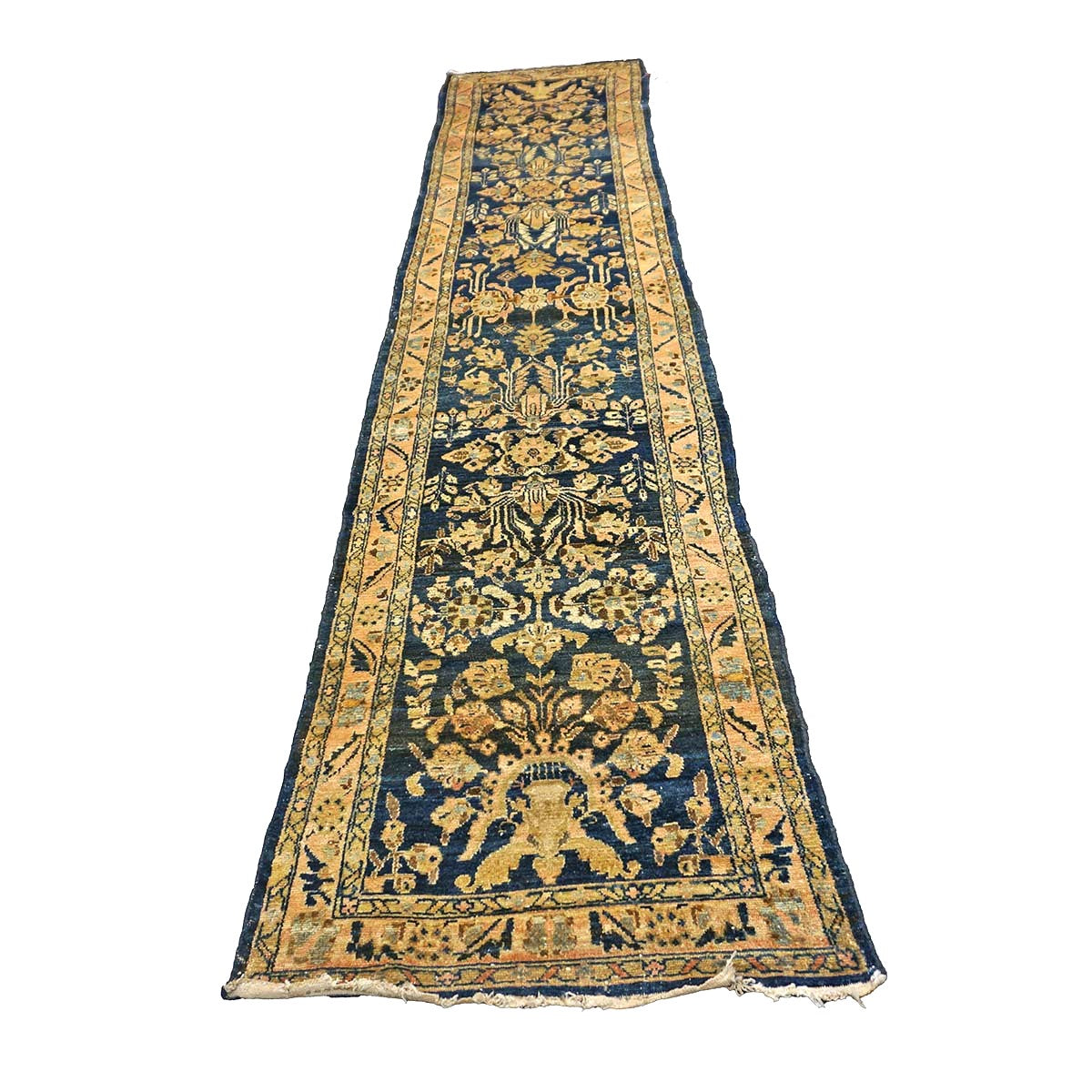 Antique Persian Lilihan Wool 3x13 Blue & Gold Handmade Runner Rug #9902897
