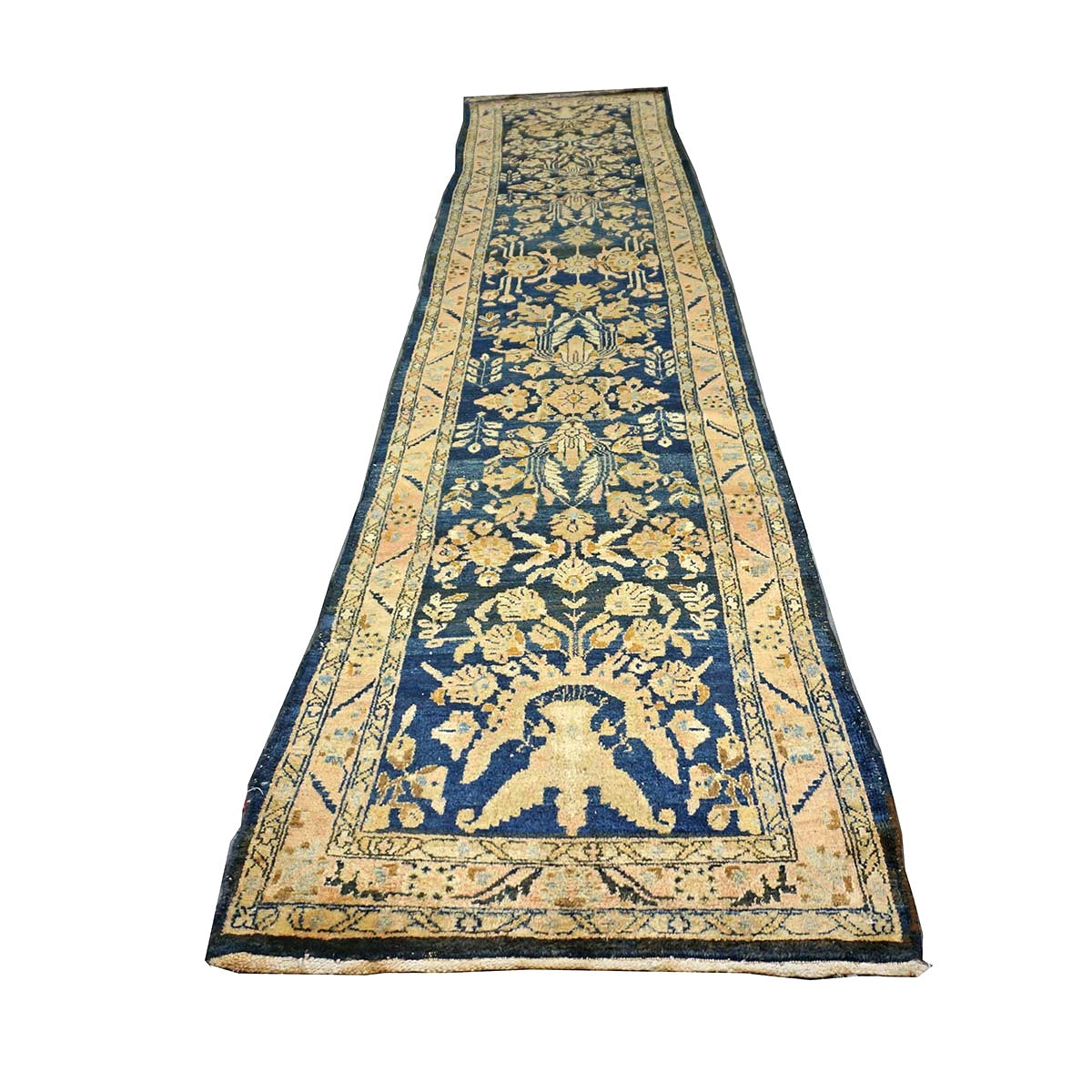 Antique Persian Lilihan Wool 3x13 Blue & Gold Handmade Runner Rug #9902897
