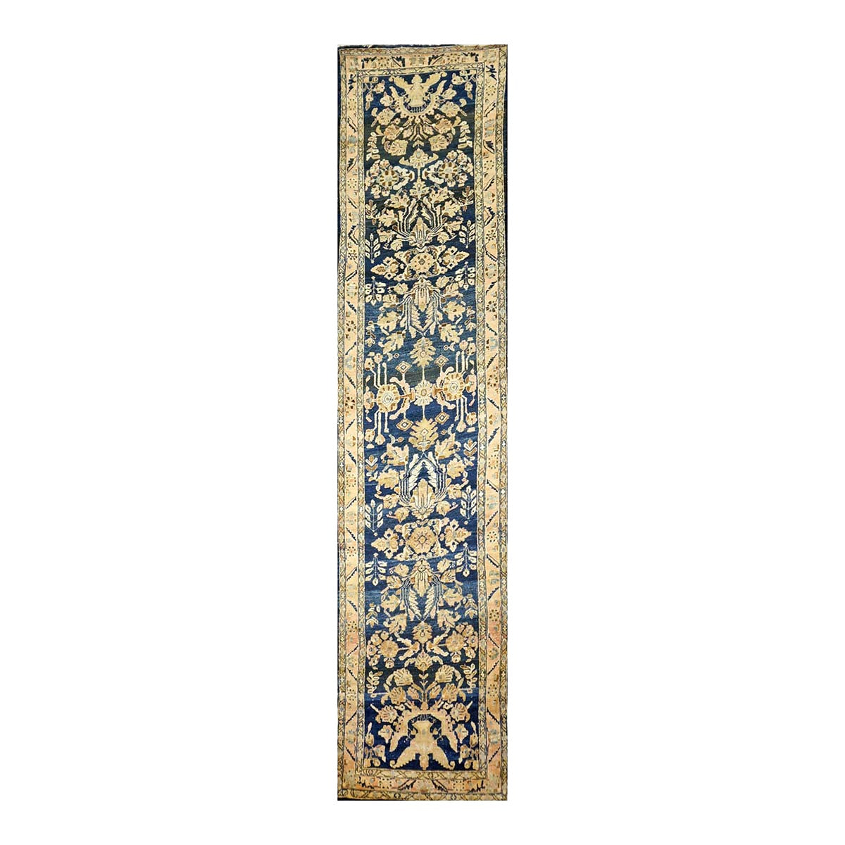 Antique Persian Lilihan Wool 3x13 Blue & Gold Handmade Runner Rug #9902897