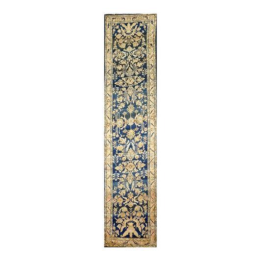 Antique Persian Lilihan Wool 3x13 Blue & Gold Handmade Runner Rug #9902897