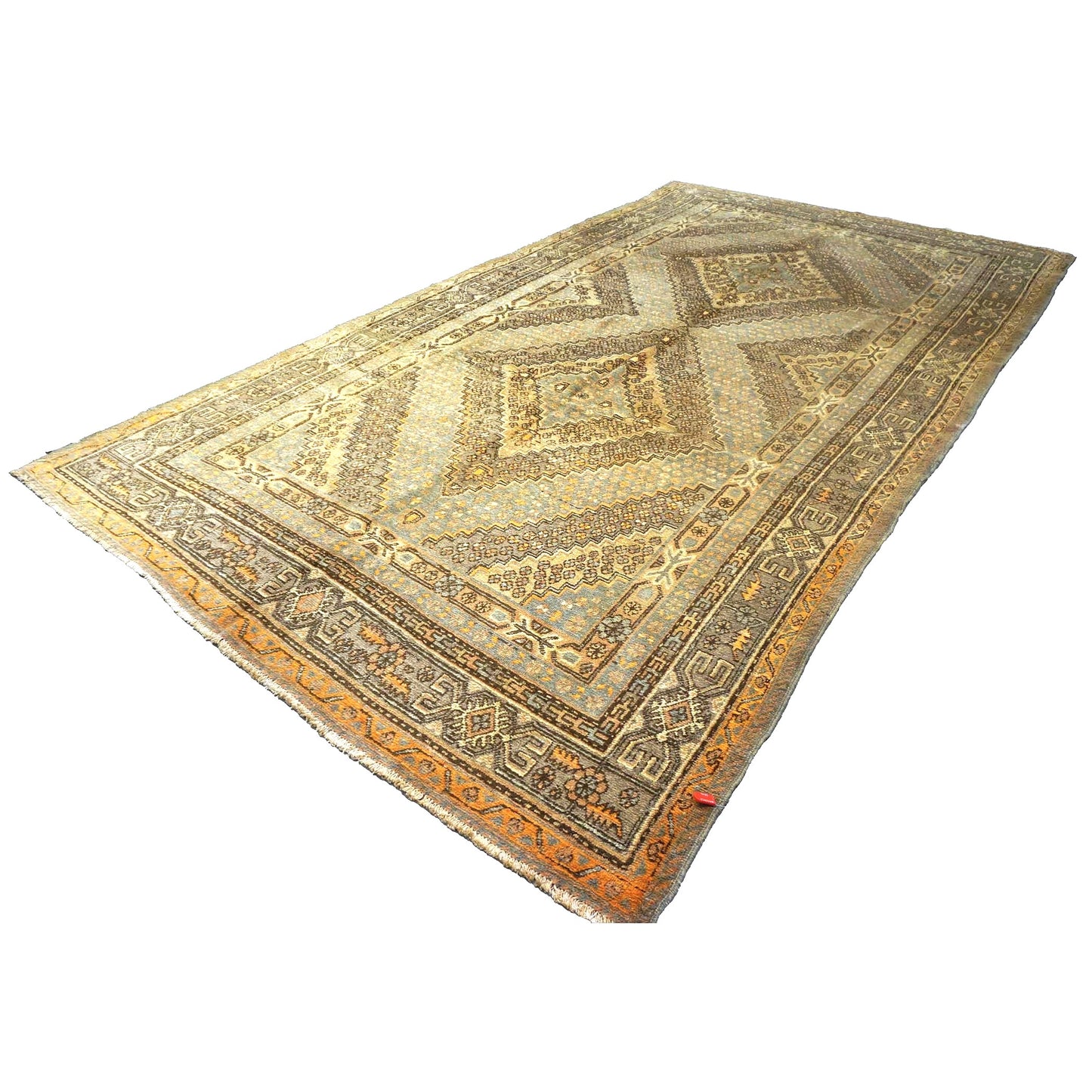 Vintage East Turkestani Khotan Wool 7x13 Ivory & Tan Handmade Gallery Rug #9902912