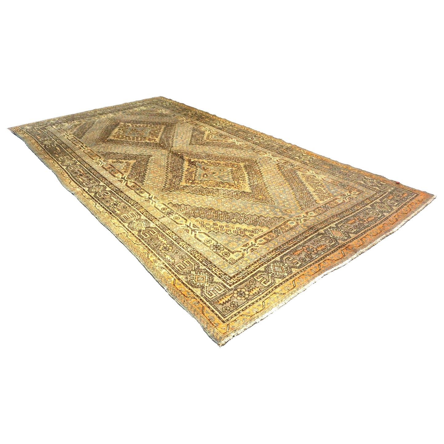 Vintage East Turkestani Khotan Wool 7x13 Ivory & Tan Handmade Gallery Rug #9902912