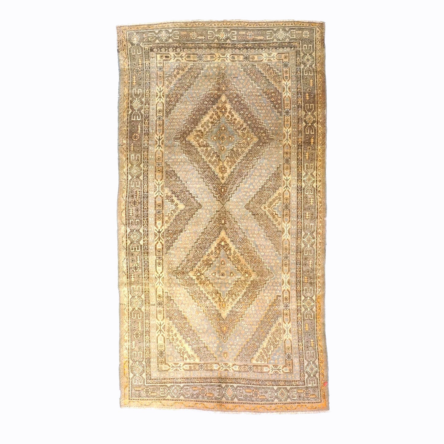 Vintage East Turkestani Khotan Wool 7x13 Ivory & Tan Handmade Gallery Rug #9902912
