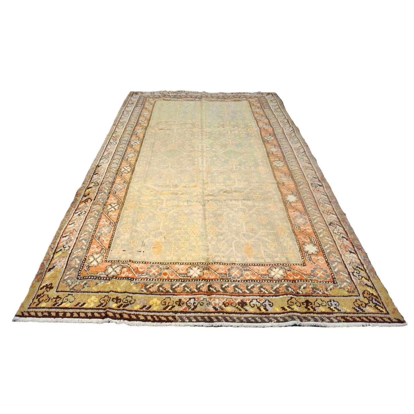 Antique East Turkestani Khotan Wool 6X10 Orange, Yellow & Tan Handmade Area Rug #9902921