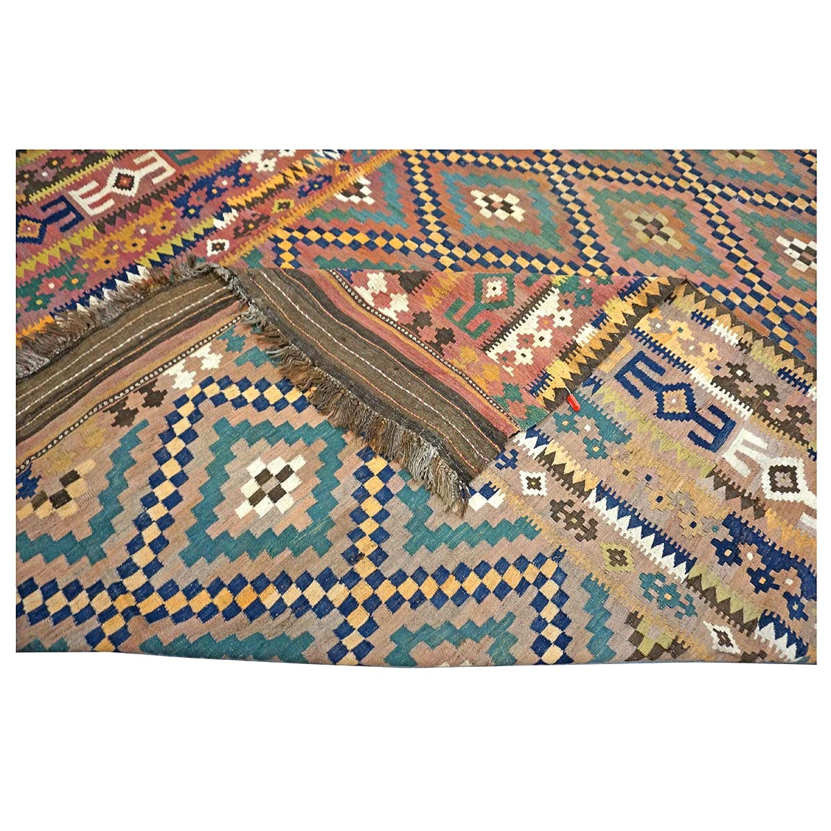 Antique Afghan Kabul Kilim Wool 10x17 Camel, Brick & Teal Handmade Area Rug #9902929
