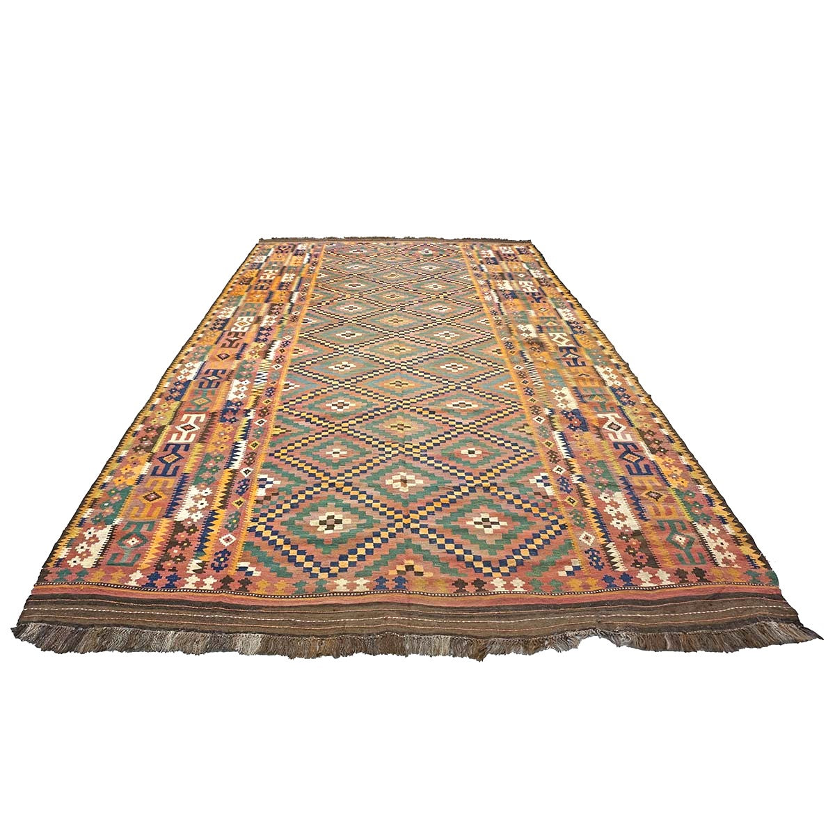 Antique Afghan Kabul Kilim Wool 10x17 Camel, Brick & Teal Handmade Area Rug #9902929