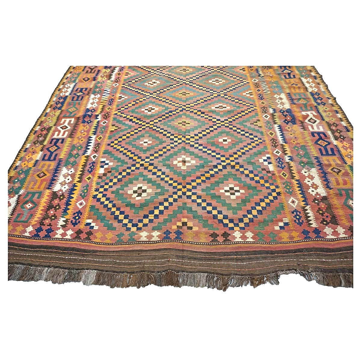 Antique Afghan Kabul Kilim Wool 10x17 Camel, Brick & Teal Handmade Area Rug #9902929