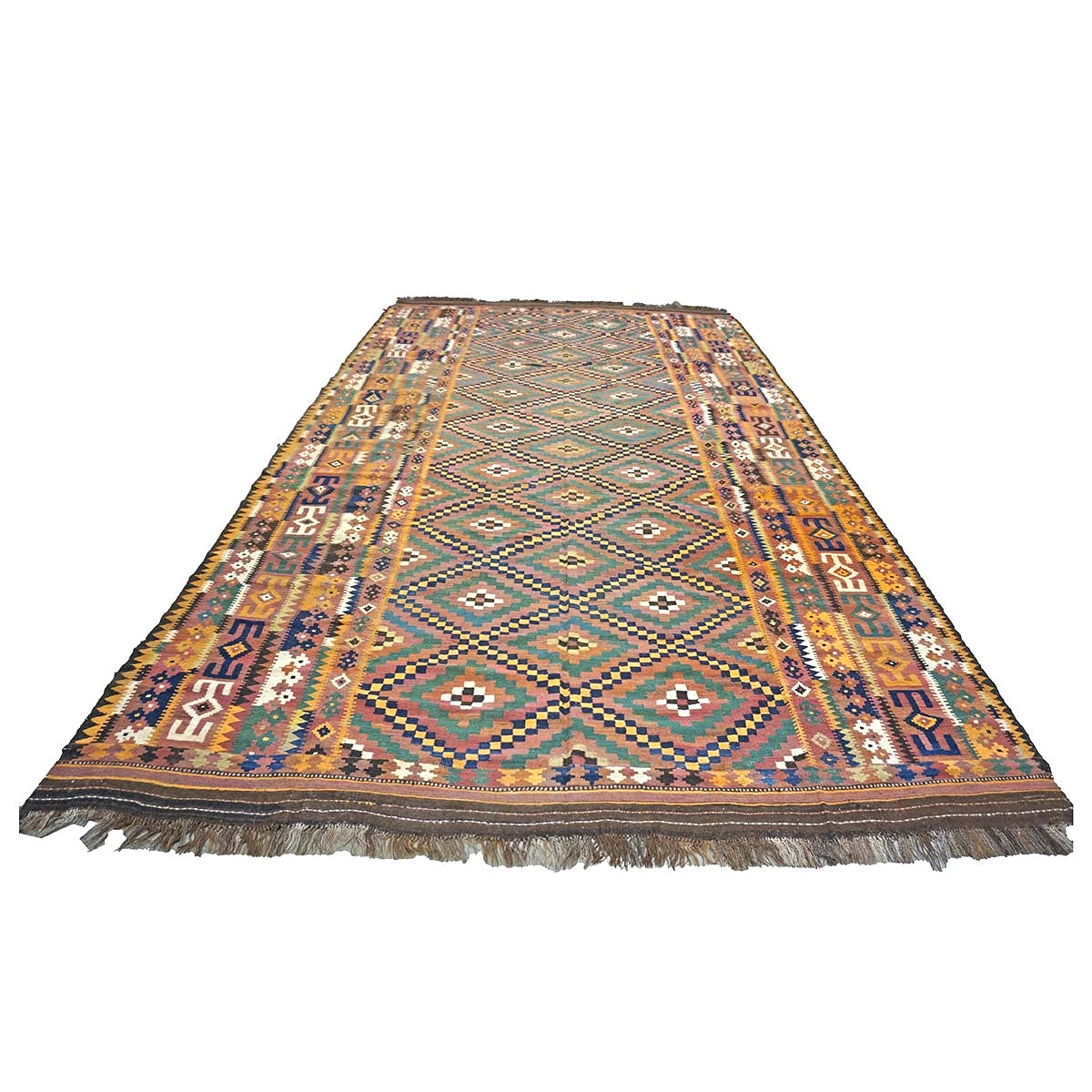 Antique Afghan Kabul Kilim Wool 10x17 Camel, Brick & Teal Handmade Area Rug #9902929