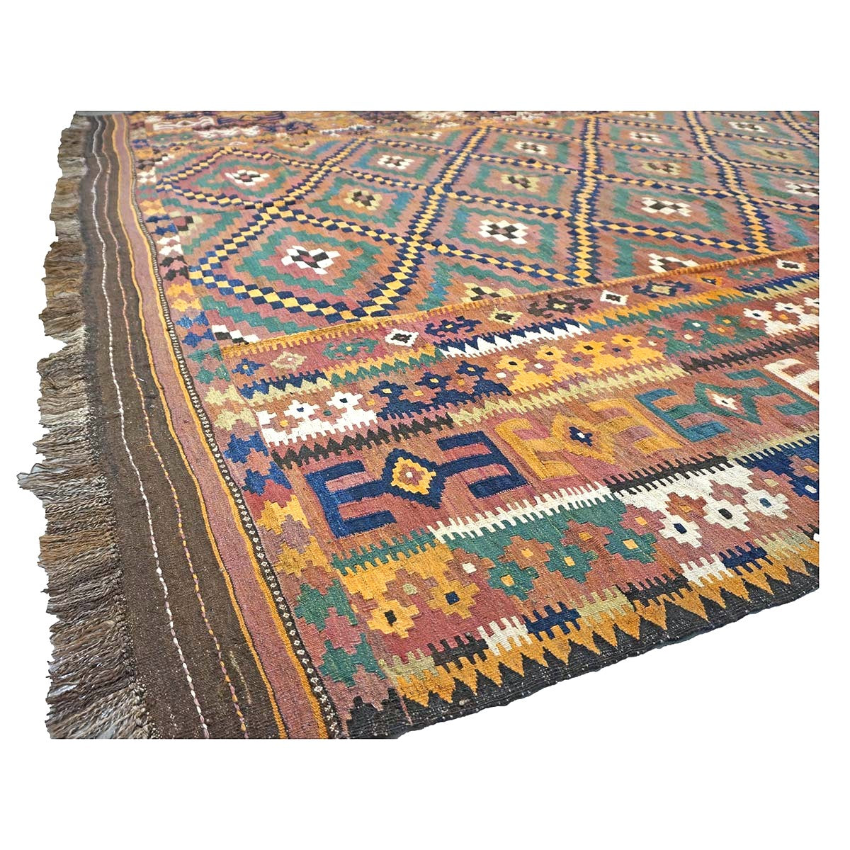 Antique Afghan Kabul Kilim Wool 10x17 Camel, Brick & Teal Handmade Area Rug #9902929