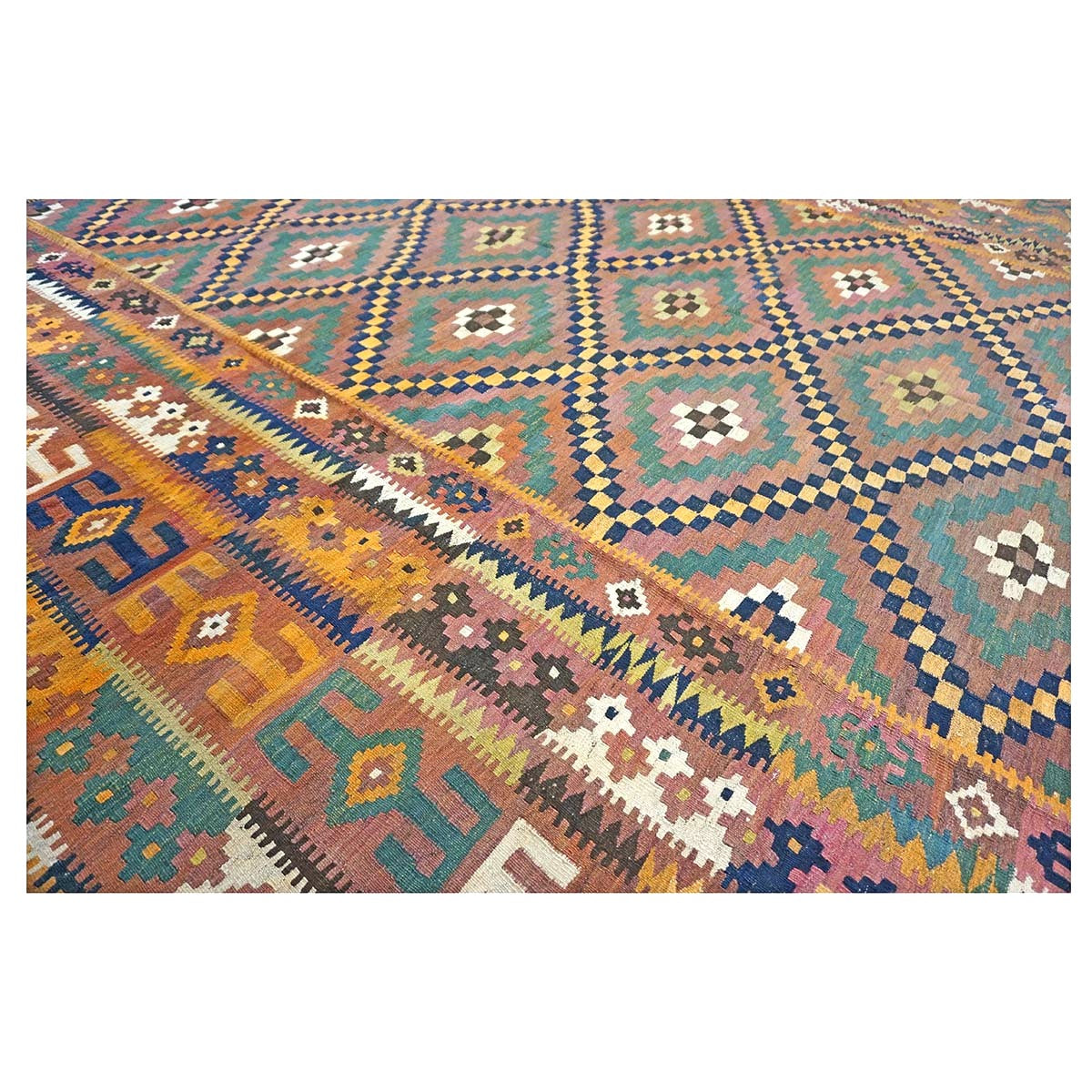 Antique Afghan Kabul Kilim Wool 10x17 Camel, Brick & Teal Handmade Area Rug #9902929