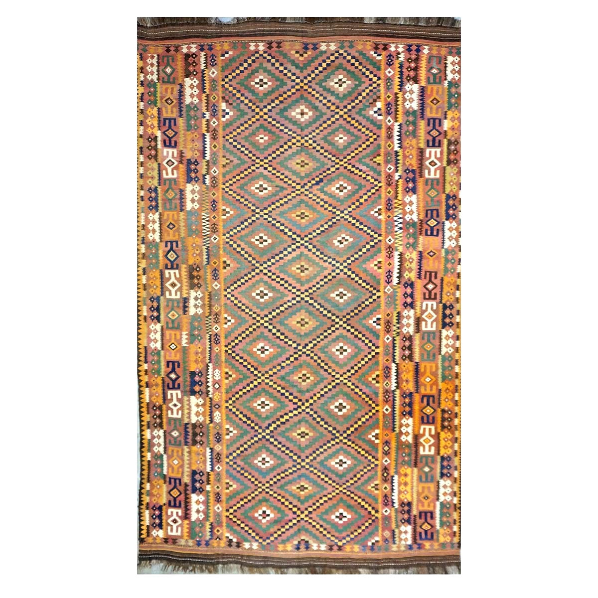 Antique Afghan Kabul Kilim Wool 10x17 Camel, Brick & Teal Handmade Area Rug #9902929