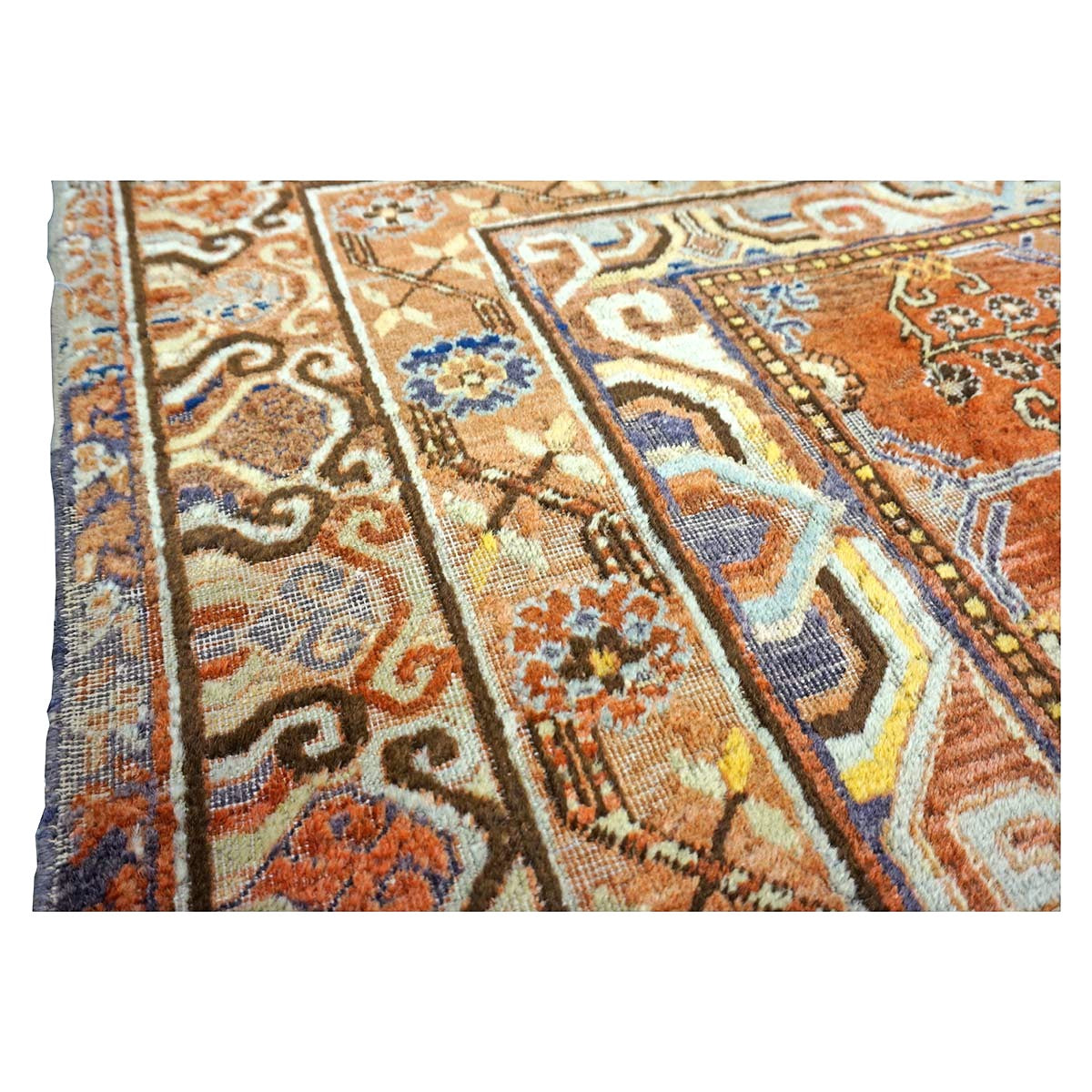 Antique East Turkestani Khotan Wool 7x13 Orange, Ivory & Blue Handmade Gallery Rug #9902938