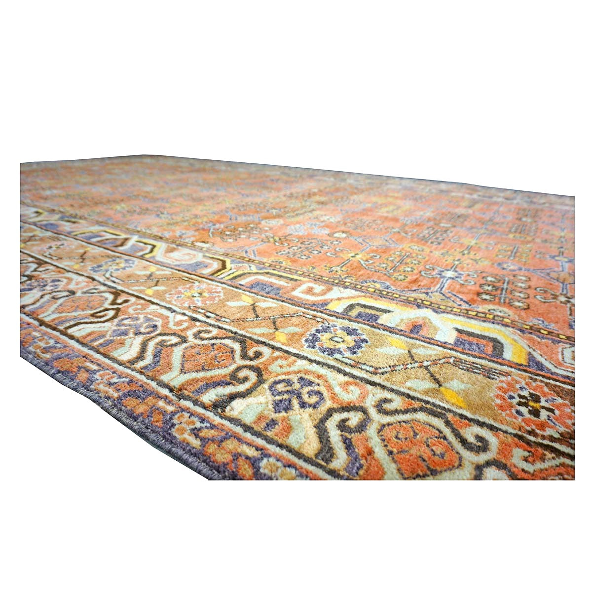 Antique East Turkestani Khotan Wool 7x13 Orange, Ivory & Blue Handmade Gallery Rug #9902938