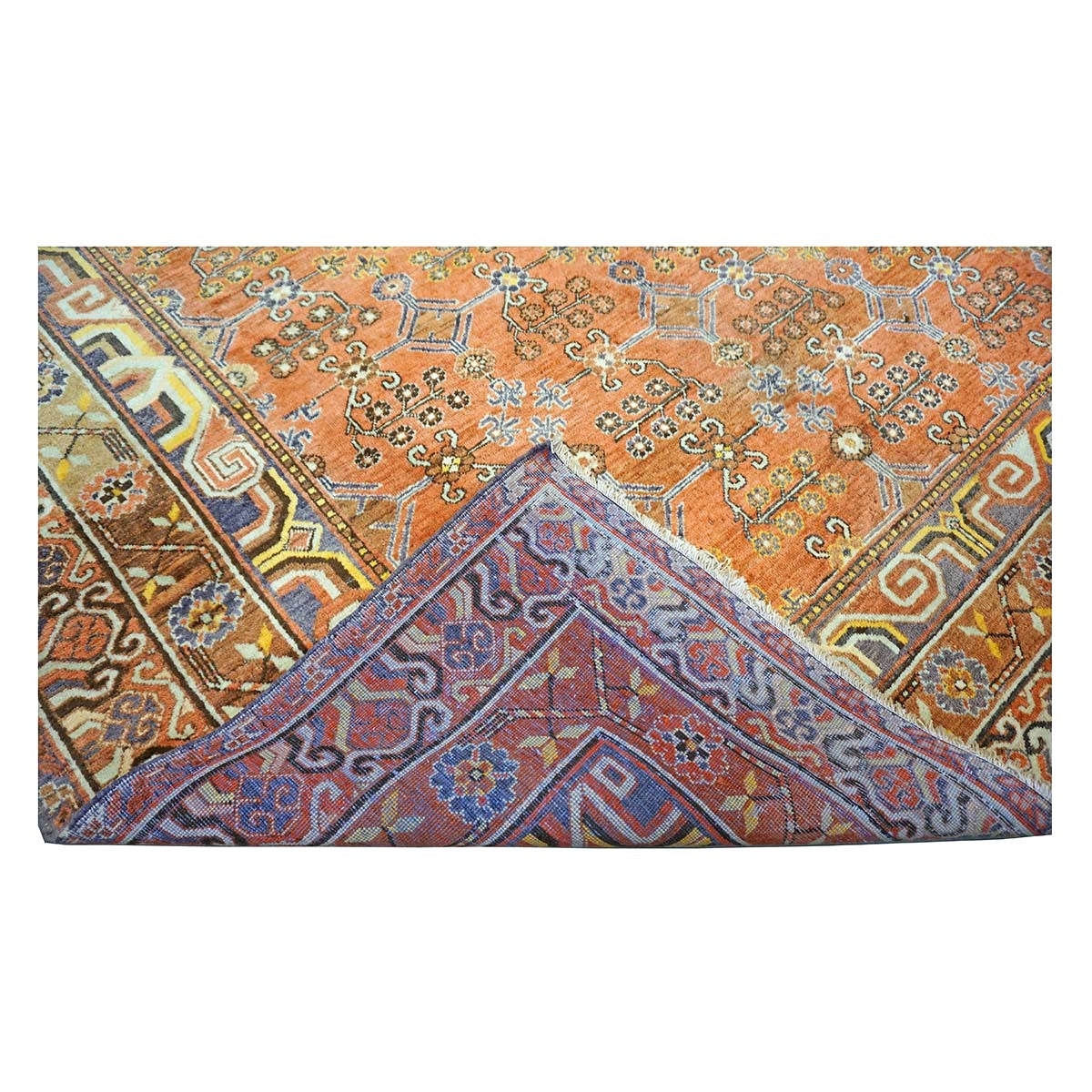Antique East Turkestani Khotan Wool 7x13 Orange, Ivory & Blue Handmade Gallery Rug #9902938