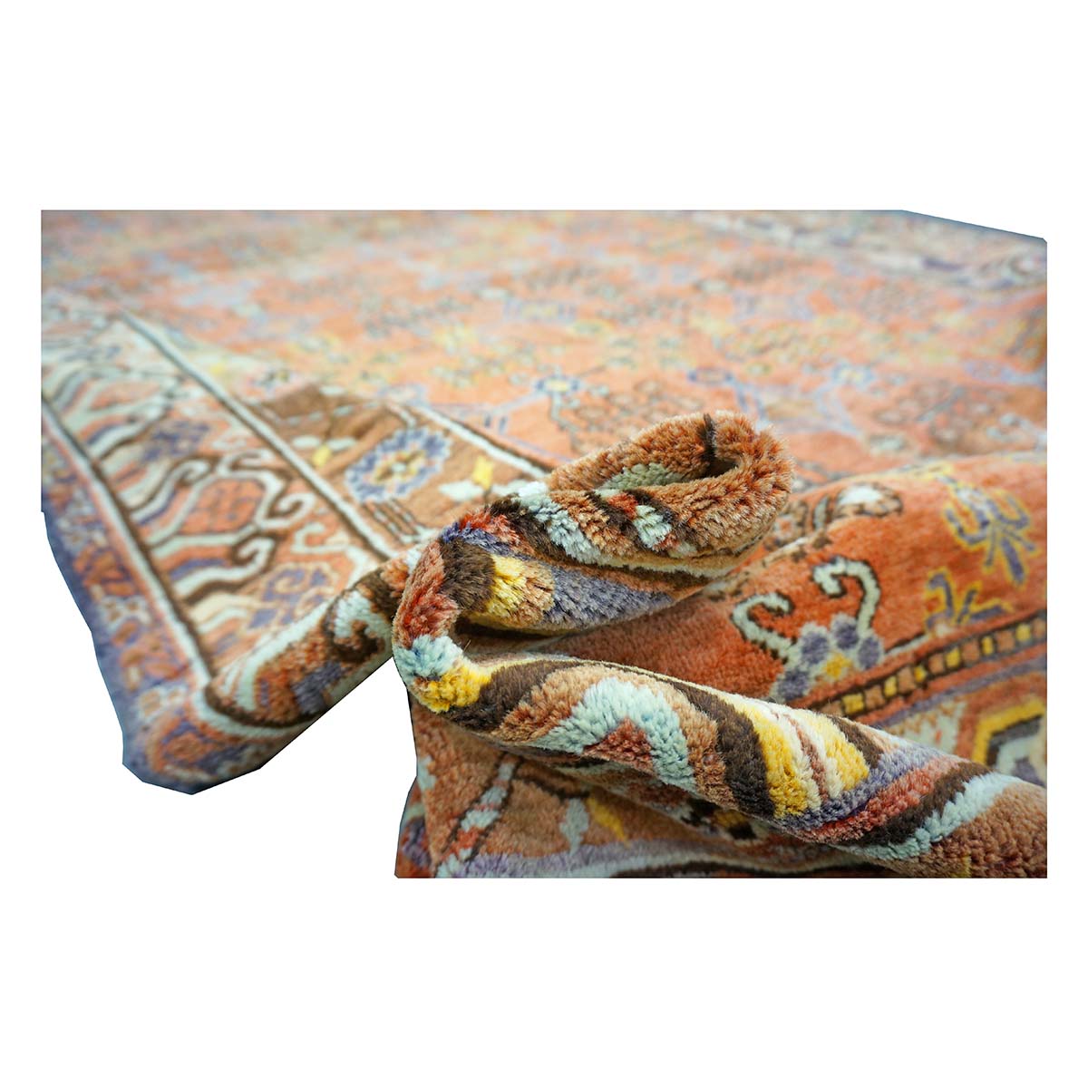 Antique East Turkestani Khotan Wool 7x13 Orange, Ivory & Blue Handmade Gallery Rug #9902938