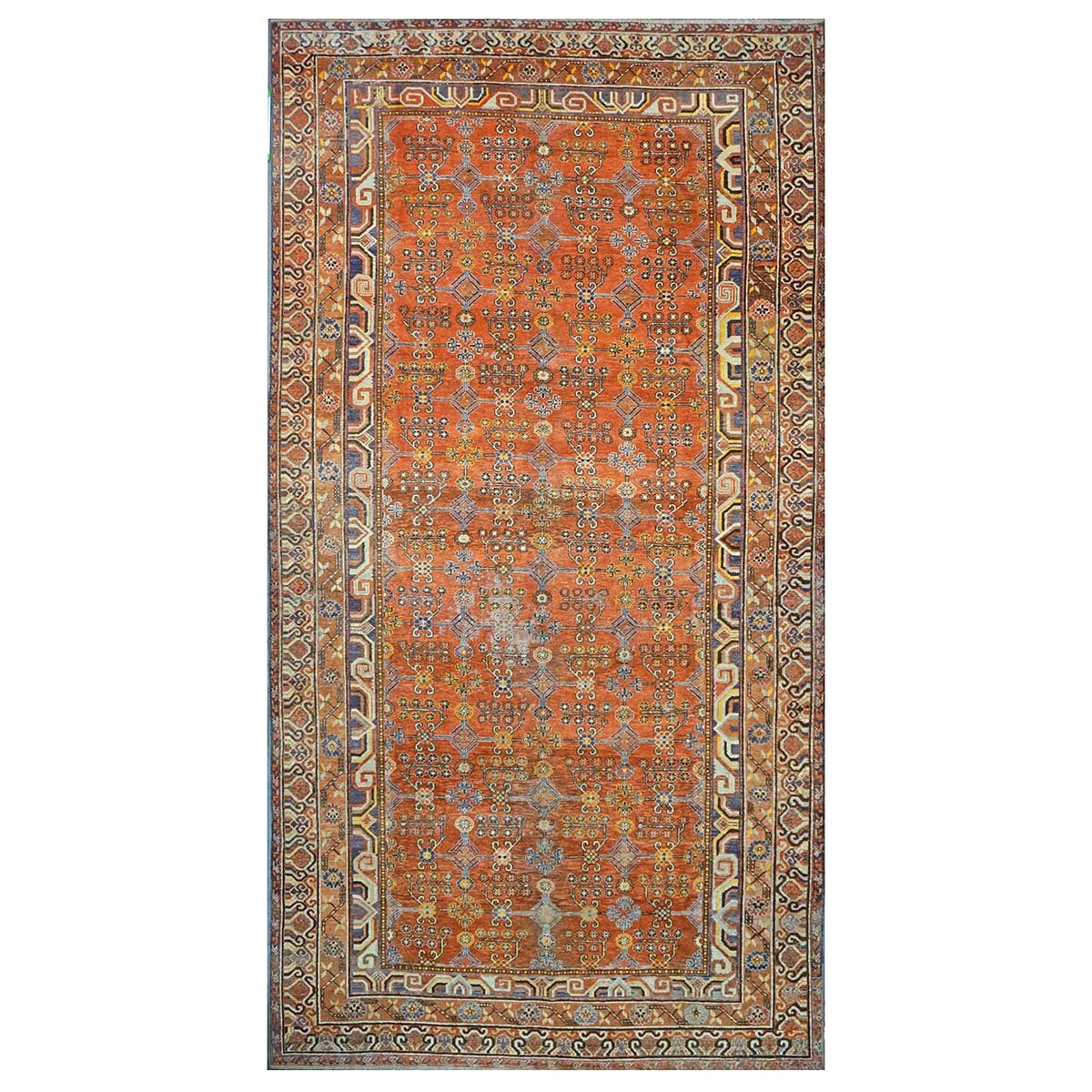 Antique East Turkestani Khotan Wool 7x13 Orange, Ivory & Blue Handmade Gallery Rug #9902938
