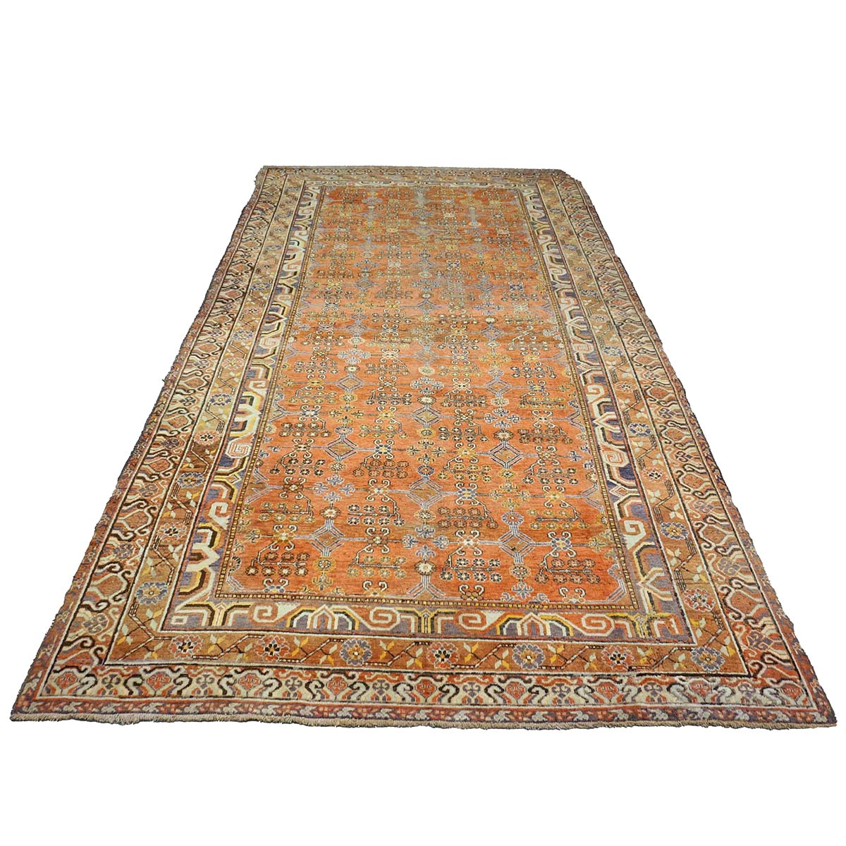 Antique East Turkestani Khotan Wool 7x13 Orange, Ivory & Blue Handmade Gallery Rug #9902938
