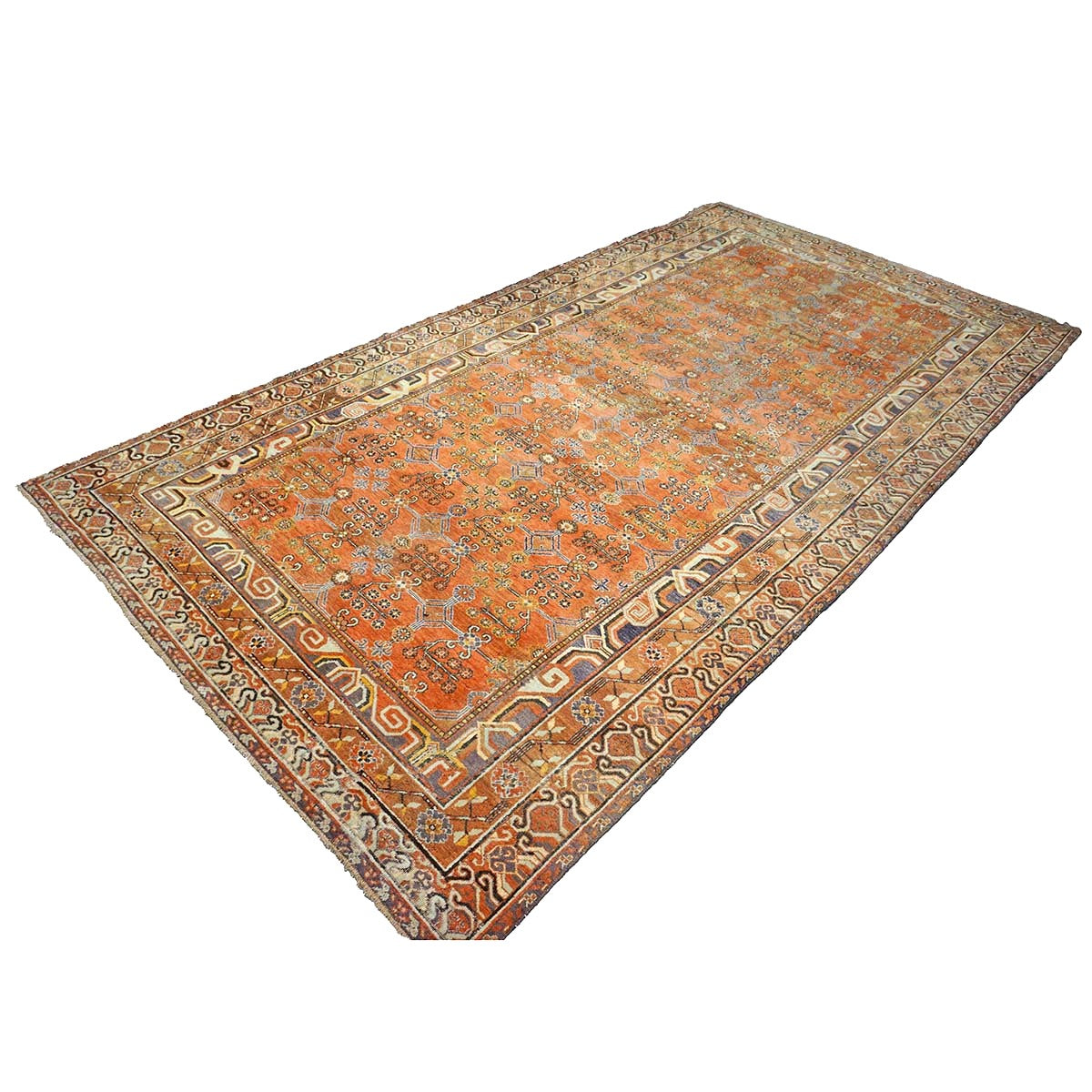 Antique East Turkestani Khotan Wool 7x13 Orange, Ivory & Blue Handmade Gallery Rug #9902938
