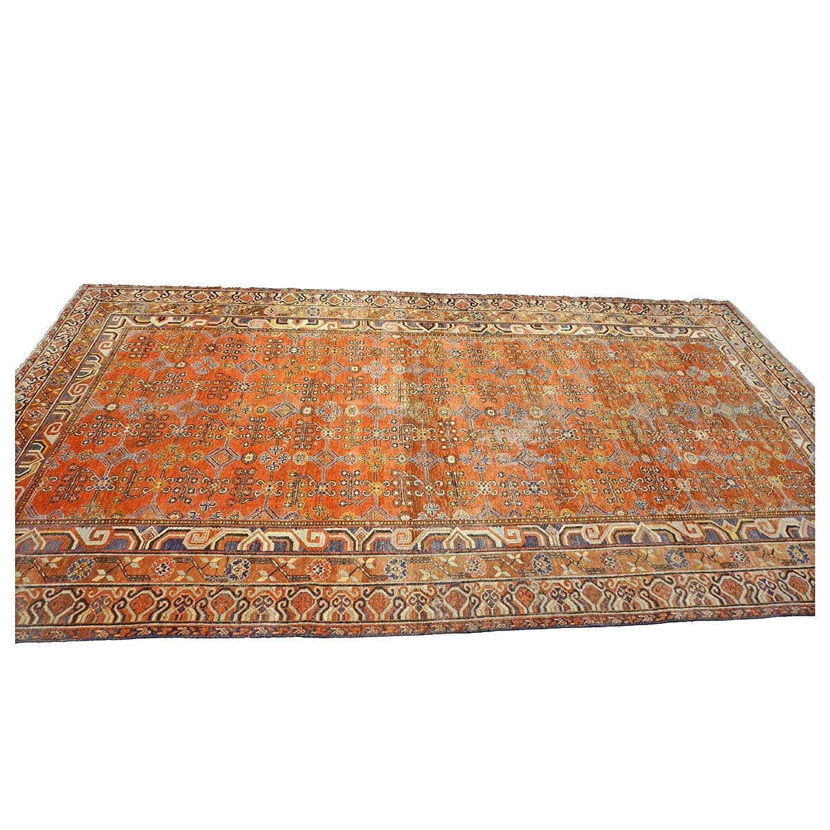 Antique East Turkestani Khotan Wool 7x13 Orange, Ivory & Blue Handmade Gallery Rug #9902938