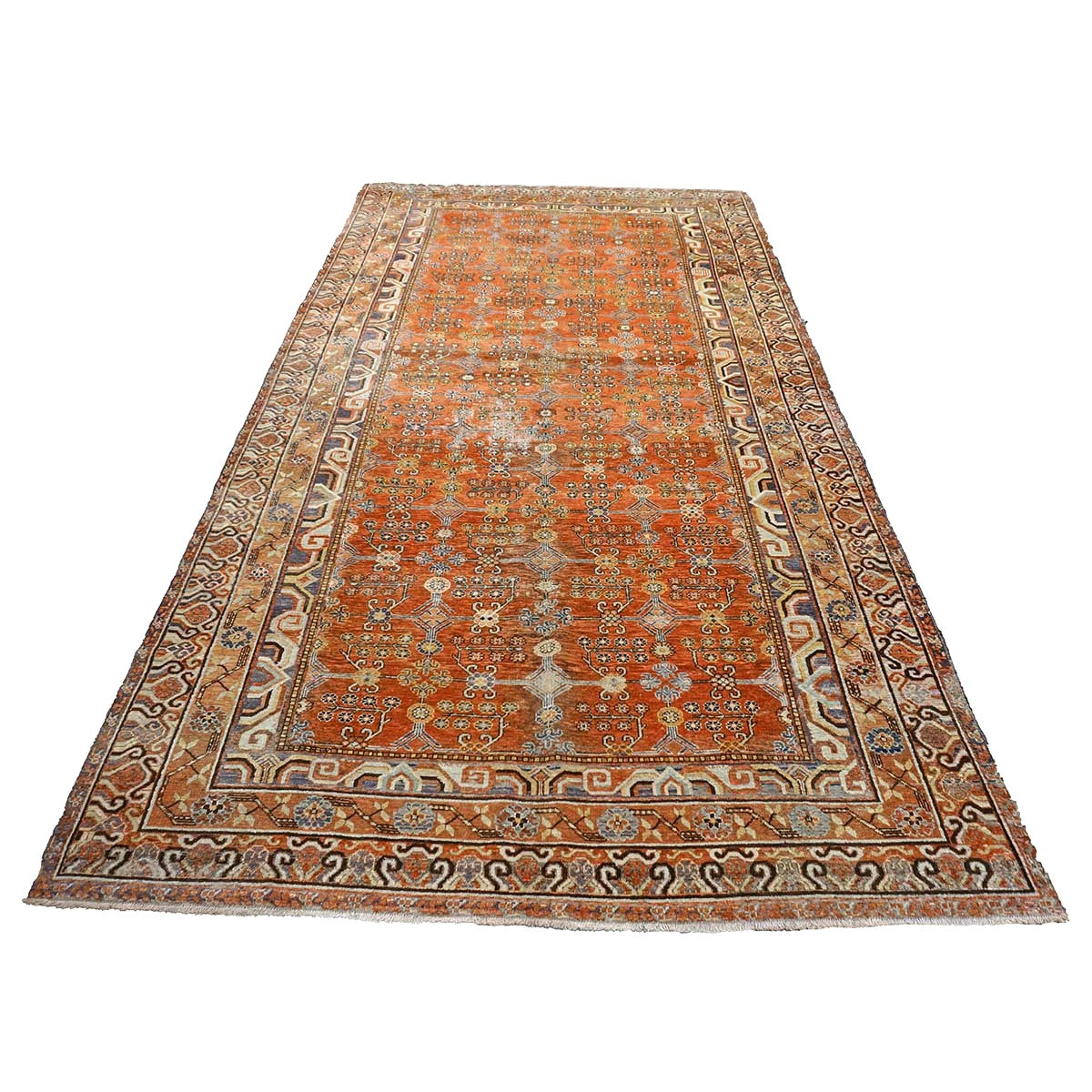 Antique East Turkestani Khotan Wool 7x13 Orange, Ivory & Blue Handmade Gallery Rug #9902938