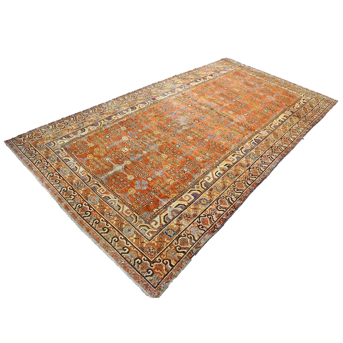 Antique East Turkestani Khotan Wool 7x13 Orange, Ivory & Blue Handmade Gallery Rug #9902938