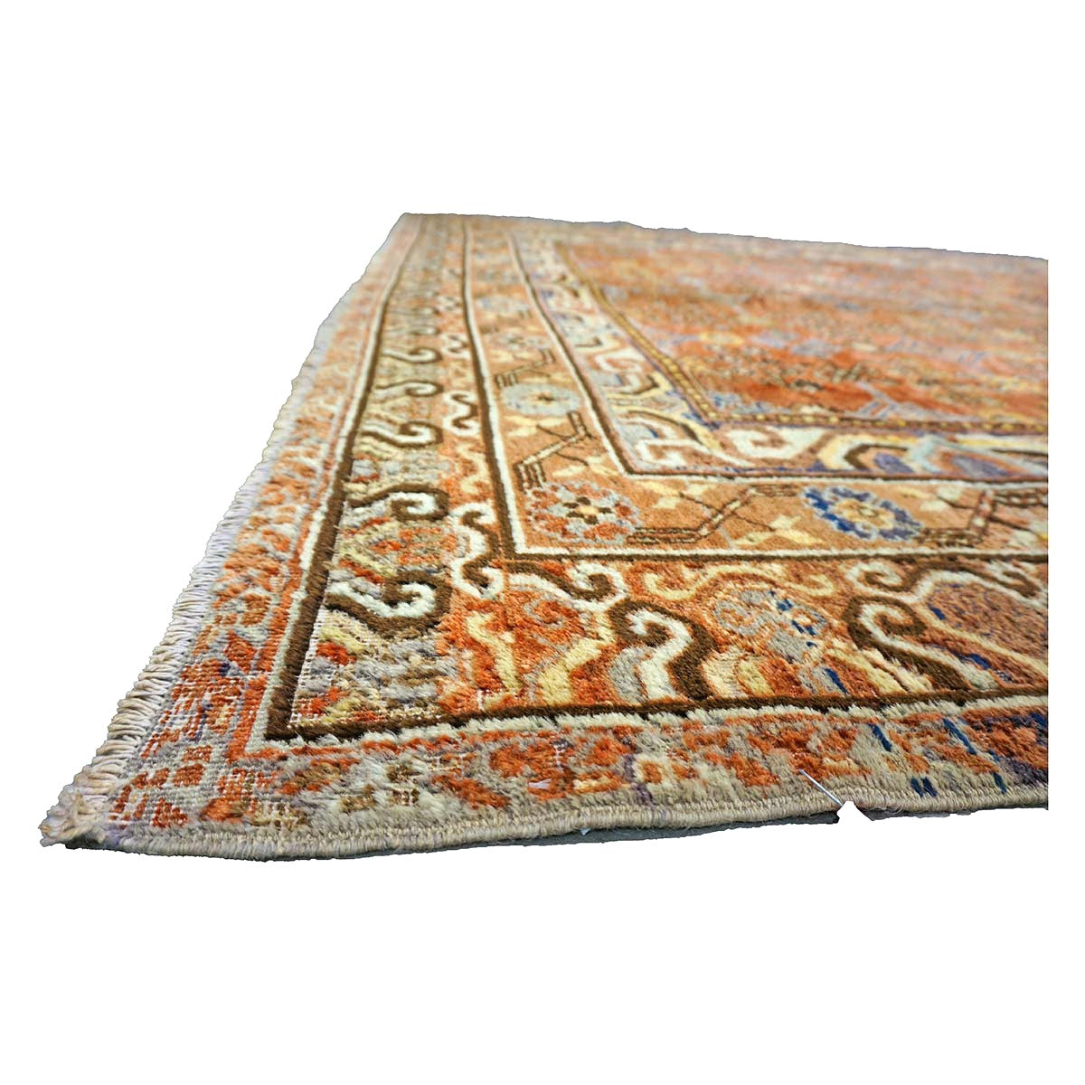 Antique East Turkestani Khotan Wool 7x13 Orange, Ivory & Blue Handmade Gallery Rug #9902938