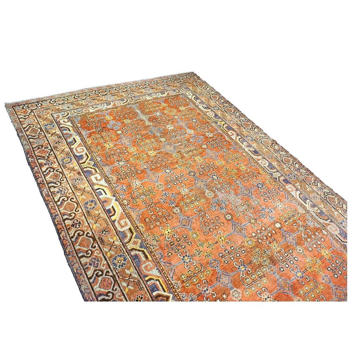 Antique East Turkestani Khotan Wool 7x13 Orange, Ivory & Blue Handmade Gallery Rug #9902938