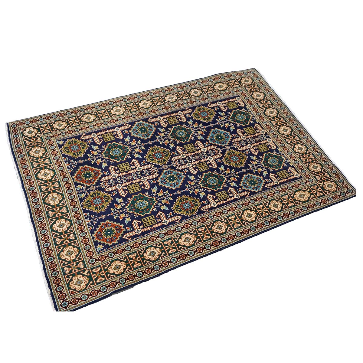 Antique Persian Tabriz Wool 3x5 Ivory, Navy & Green Handmade Area Rug #9902940