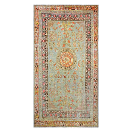 Antique East Turkestani Khotan Wool 6X12 Green, Orange & Blue Handmade Gallery Rug #9902946