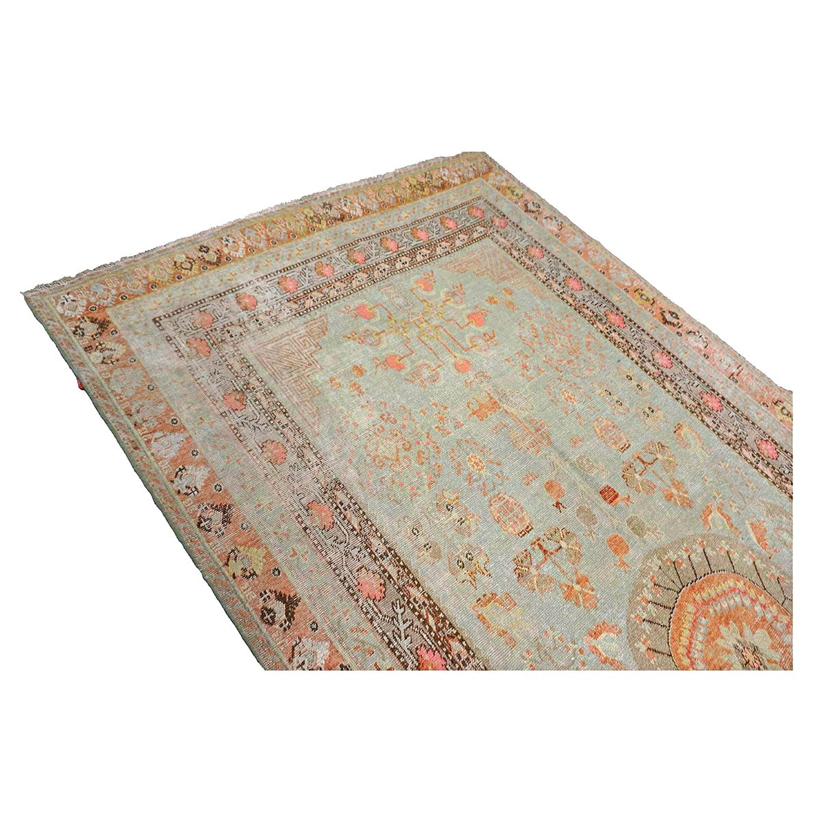 Antique East Turkestani Khotan Wool 6X12 Green, Orange & Blue Handmade Gallery Rug #9902946